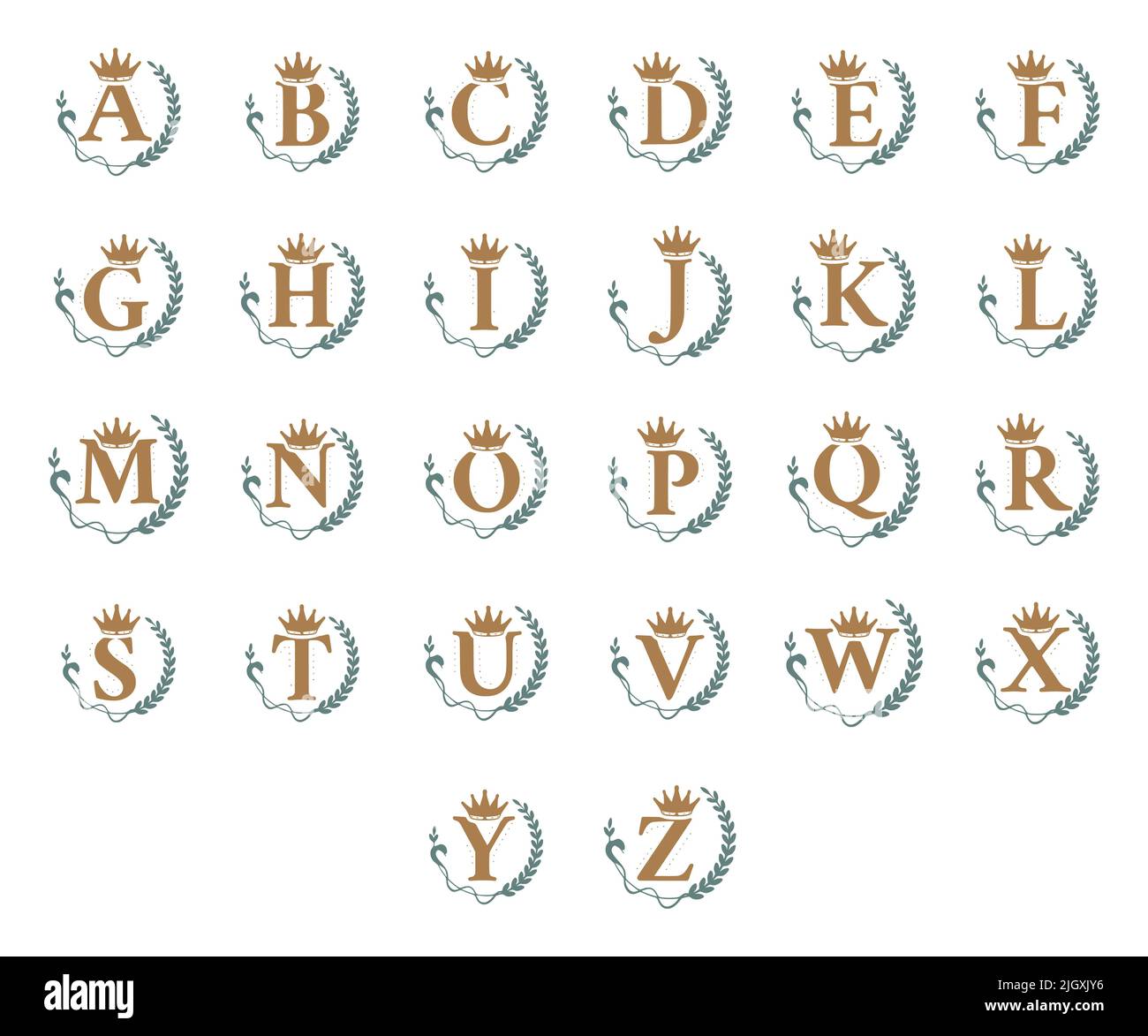 Königliche Buchstaben mit Krone, Kranz und Schlange, Namensmonogramm. Elegantes Logo mit Initialen von Markennamen Stock Vektor