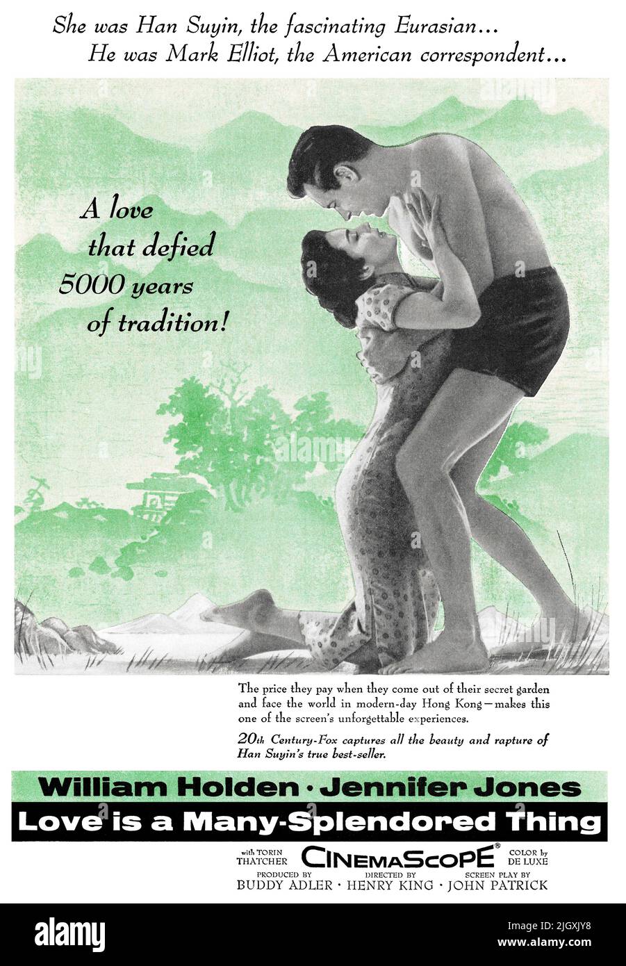 1955 US-Werbung für den Film Love is A Many Splendoured Thing mit William Holden und Jennifer Jones. Stockfoto