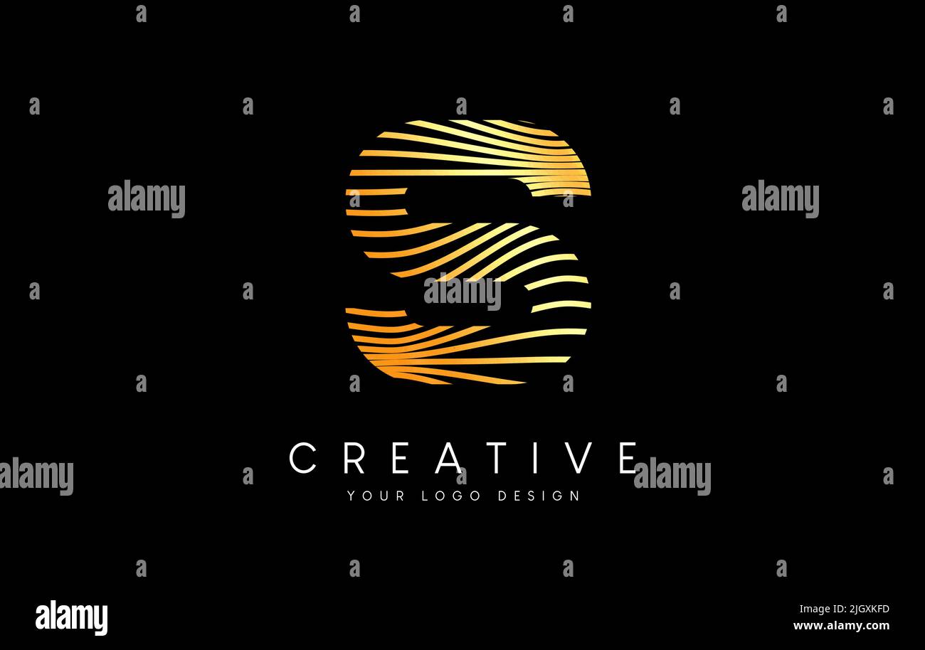Verkrümmen Zebra Linien Buchstaben S Logo Design mit goldenen Linien und Creative Icon Vector. Relieflinien Buchstabe Logo Illustration. Stock Vektor