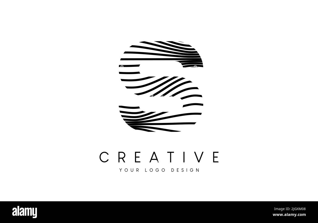 Verkrümmen Sie sich Zebra Lines Letter S Logo Design mit schwarzen und weißen Linien und Creative Icon Vector. Relieflinien Buchstabe Logo Illustration. Stock Vektor