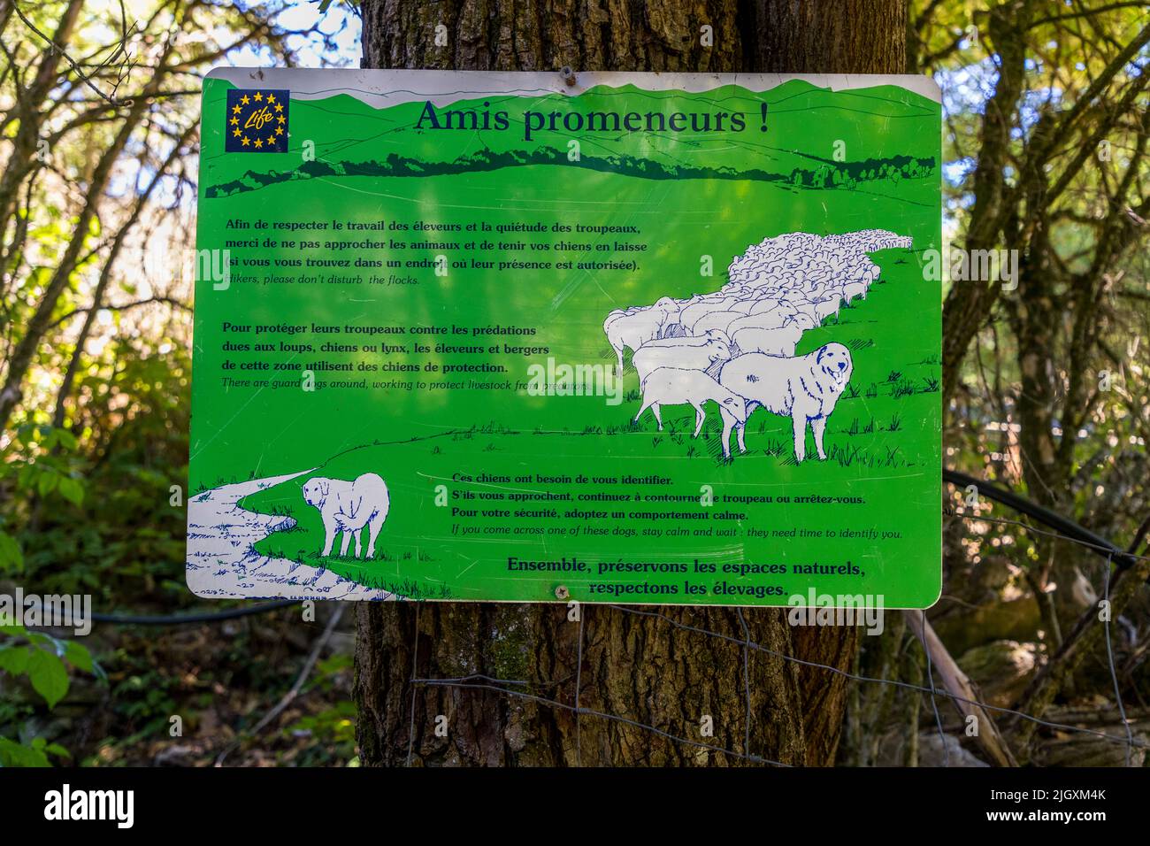 Ein Schild informiert Wanderer über Wachhunde für Nutztiere entlang eines Pfades in der Nähe der Gorges d'Omblèze, Frankreich. Der Text bittet Spaziergänger, die Tiere nicht zu stören und Hunde an der Leine zu führen, da die Wachhunde Schaf- und Ziegenherden vor Wölfen und Luchsen schützen. Er rät Wanderern, ruhig zu bleiben und anzuhalten, wenn sie einem begegnen. Stockfoto
