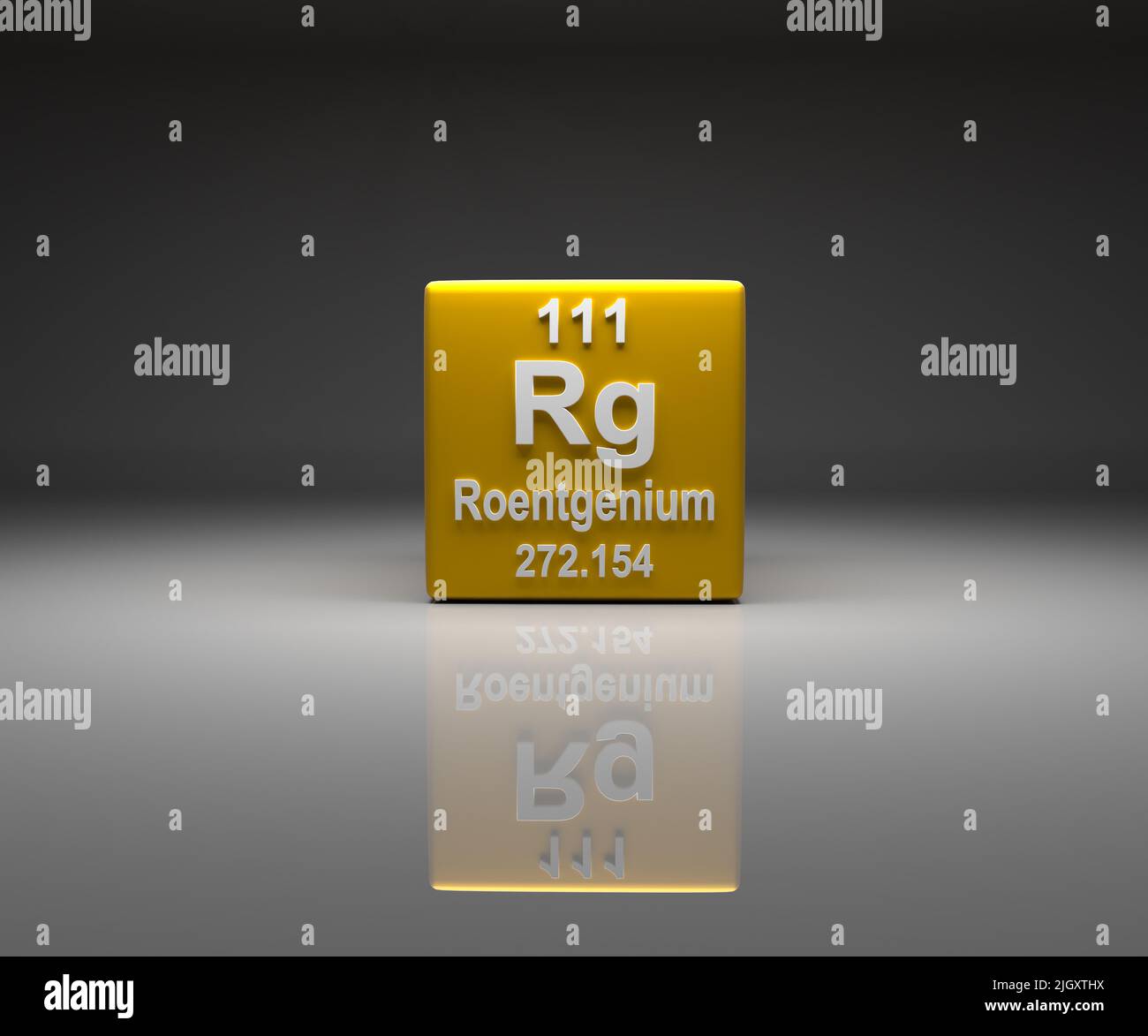 Würfel mit Roentgenium-Nummer 111 Periodensystem, 3D Rendering Stockfoto