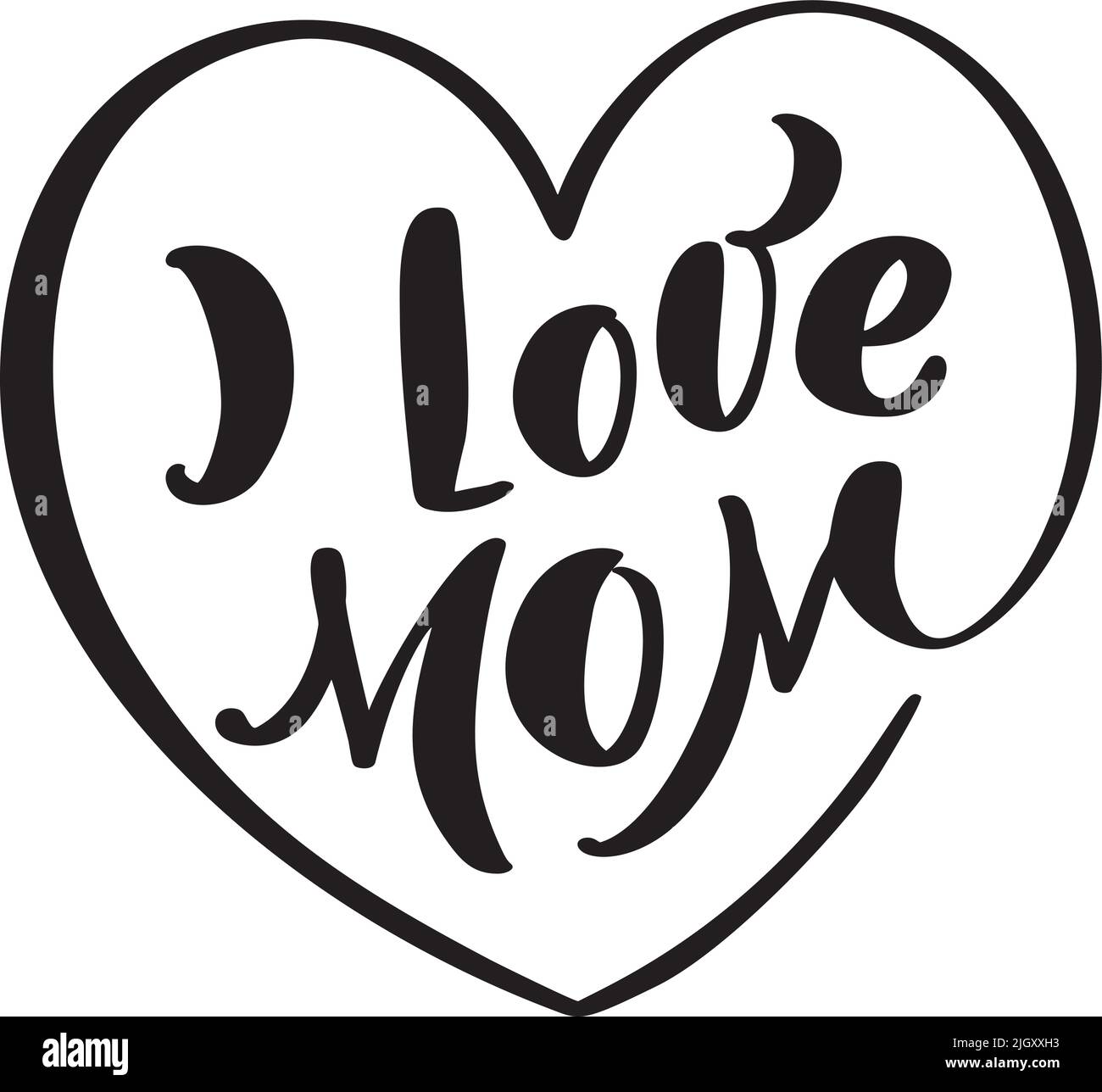Vektor handschriftliche Schrift Kalligraphie Familie Text Ich liebe Mama auf weißem Hintergrund Herz Form. T-Shirt mit Familie oder Muttertag, Grußkarte Stock Vektor
