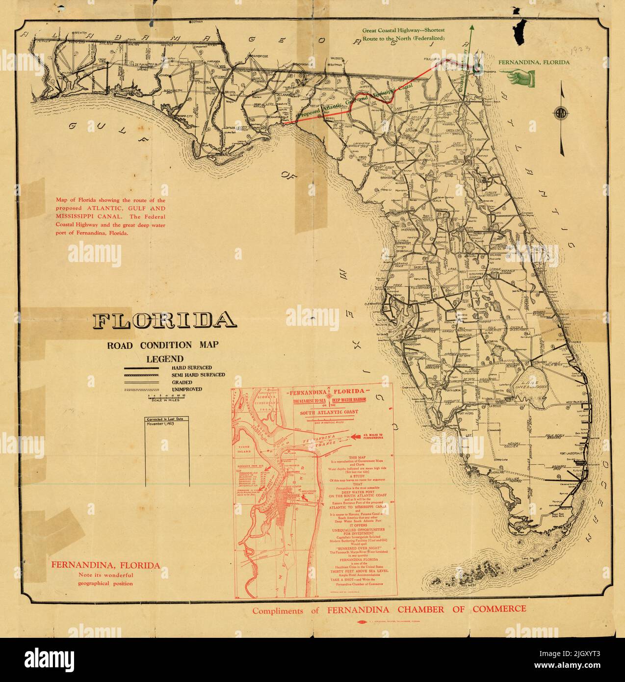 Florida Road Condition Map, zeigt die Route des geplanten Atlantik-, Golf- und Mississippi-Kanals, des Federal Coastal Highway und des großen Tiefwasserhafens Fernandina, 1923, von der Handelskammer Fernandina Stockfoto