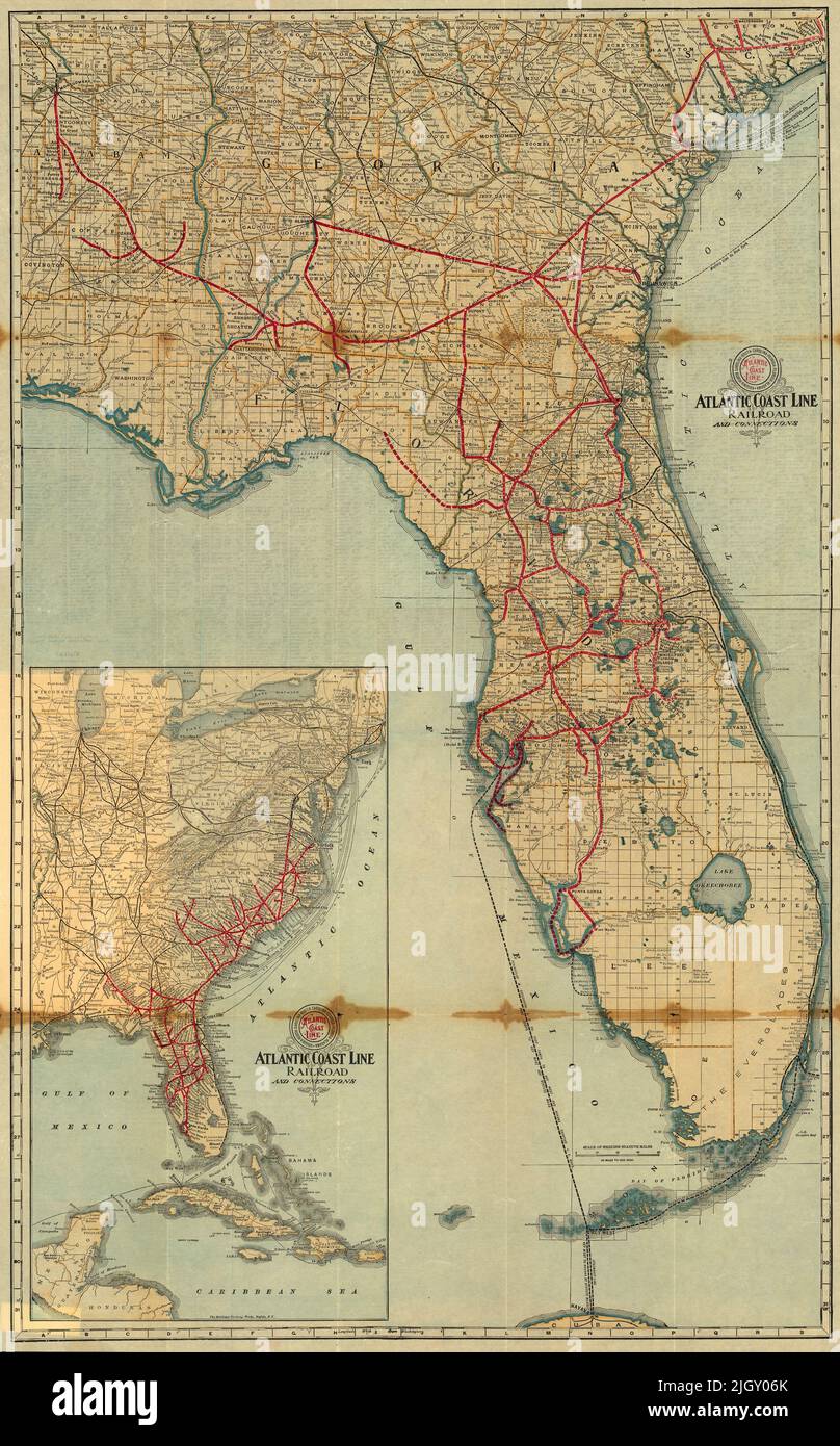 Karte der Atlantic Coast Line Railroad und Verbindungen, Florida, Georgia, South Carolina, North Carolina, Ca. 1906 Stockfoto