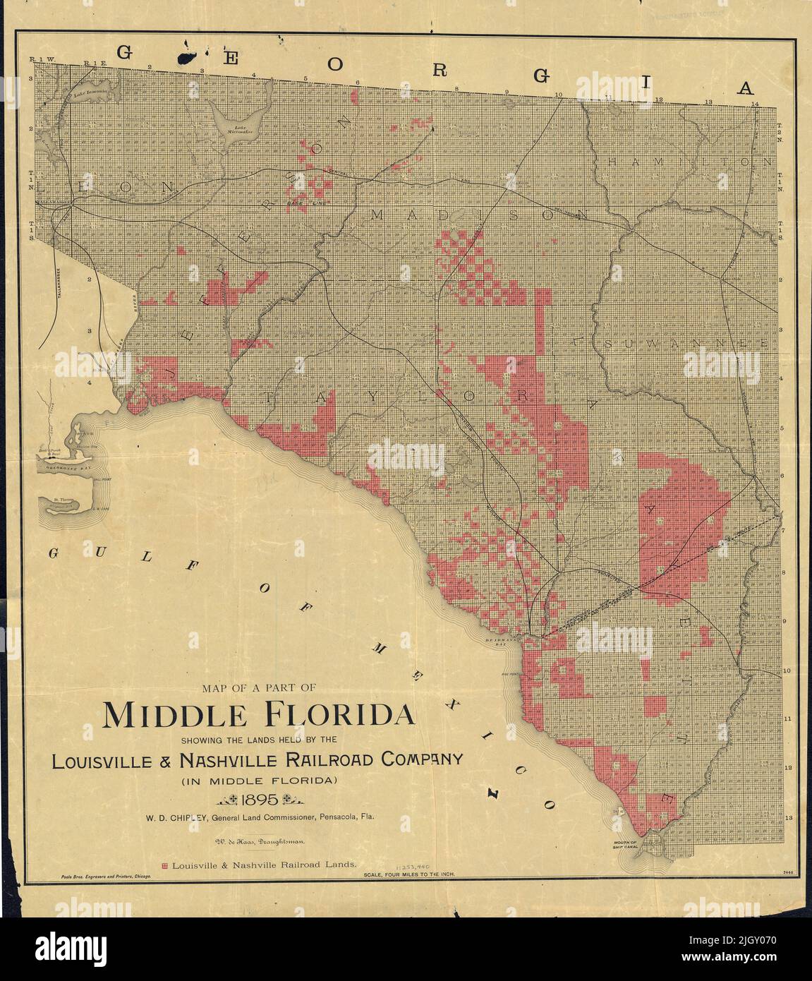 Karte eines Teils von Middle Florida, zeigt die Ländereien der Louisville & Nashville Railroad Company, 1895 Stockfoto