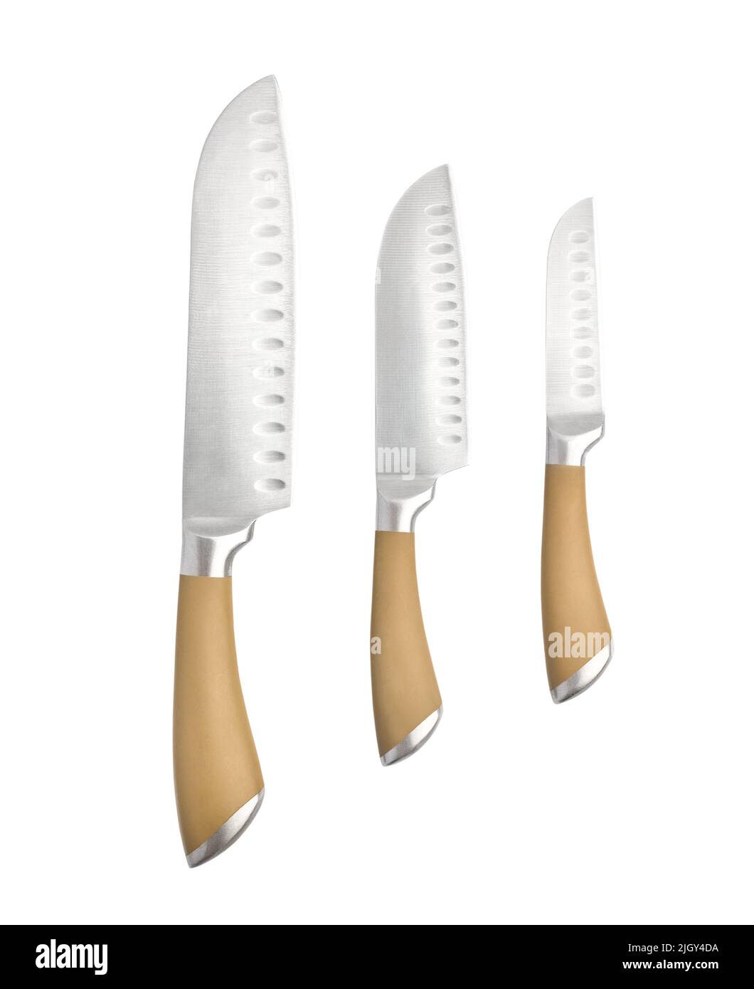 Set aus drei professionellen Küchenmessern, Nahaufnahme isoliert auf weißem Hintergrund Stockfoto
