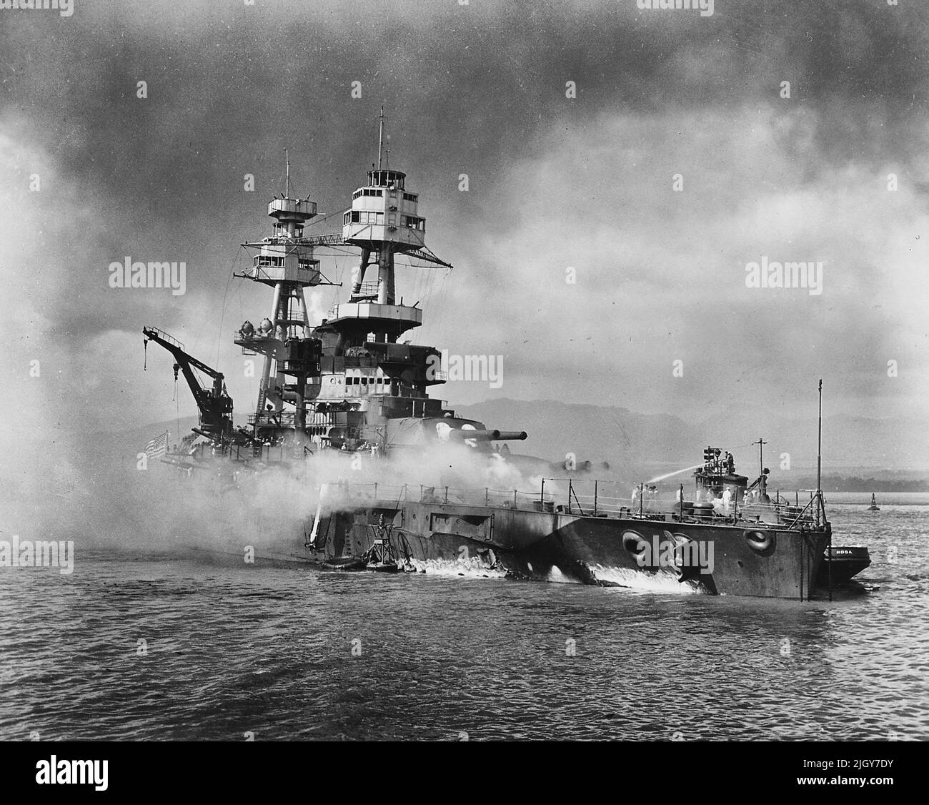 USS Nevada wurde nach dem Angriff auf Pearl Harbor am 7. Dezember 1941 am Hospital Point ausgesetzt Stockfoto