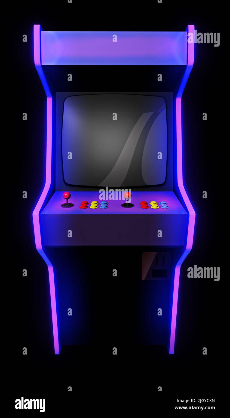 Arcade-Spiel-Maschine, Vorderansicht Grafik Hintergrund. 3D Rendering-Vorlage mit leerem Bildschirm für kommerzielle POV-Kompositionen Stockfoto