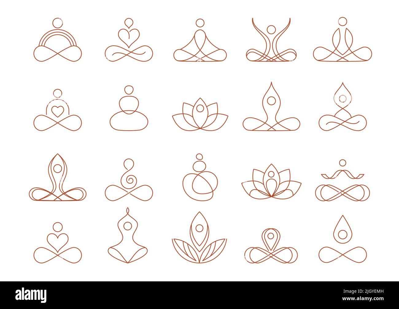 Sammlung von Yoga, Zen und Meditation Logos, lineare Symbole und Elemente. Minimalistische Illustrationen im böhmischen Stil in Pastellfarben Stock Vektor