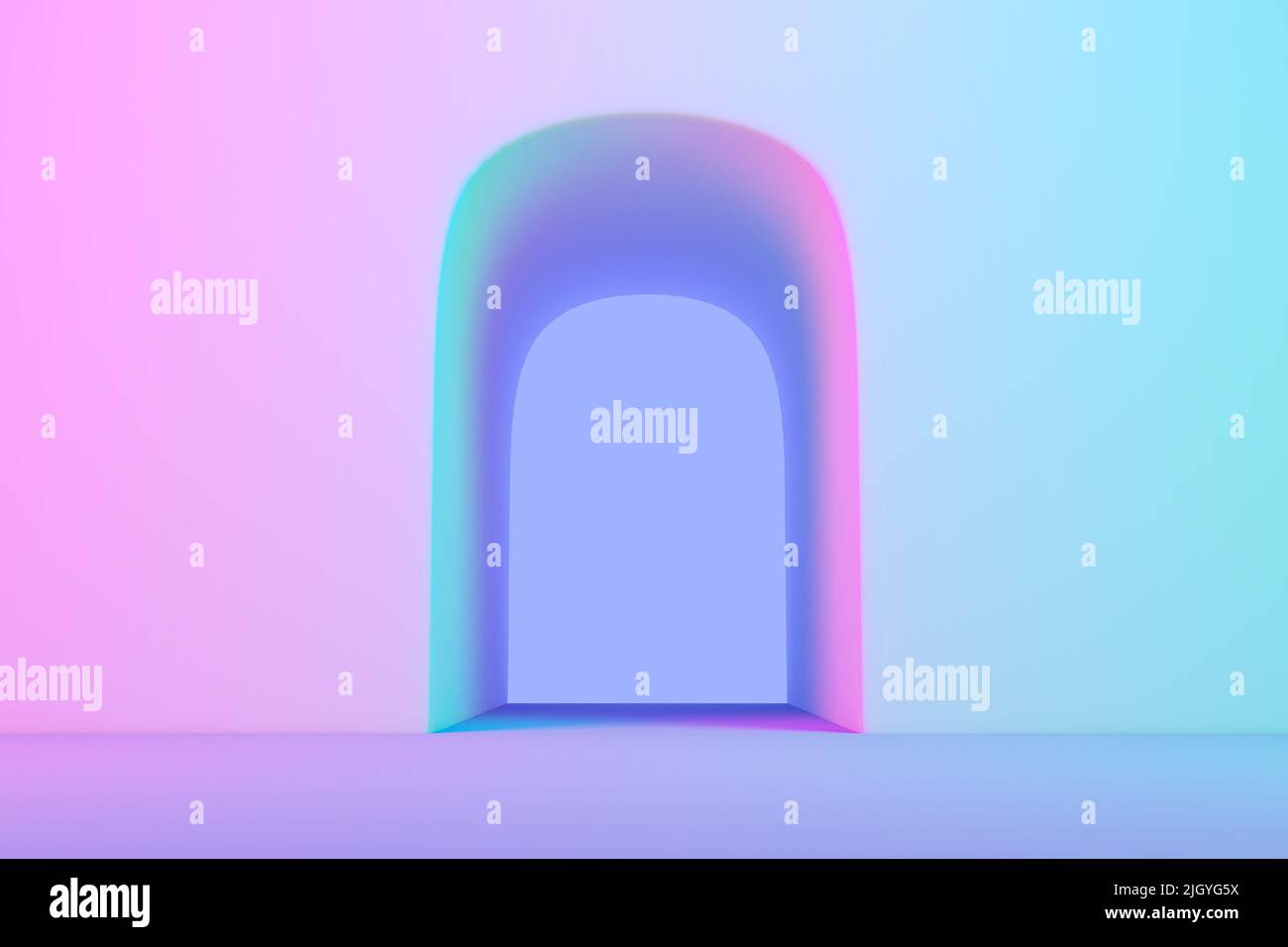 3D Darstellung des Bogens in neonrosa und violetten Lichtfarben. Hintergrund mit Ort für das Produkt. Stockfoto