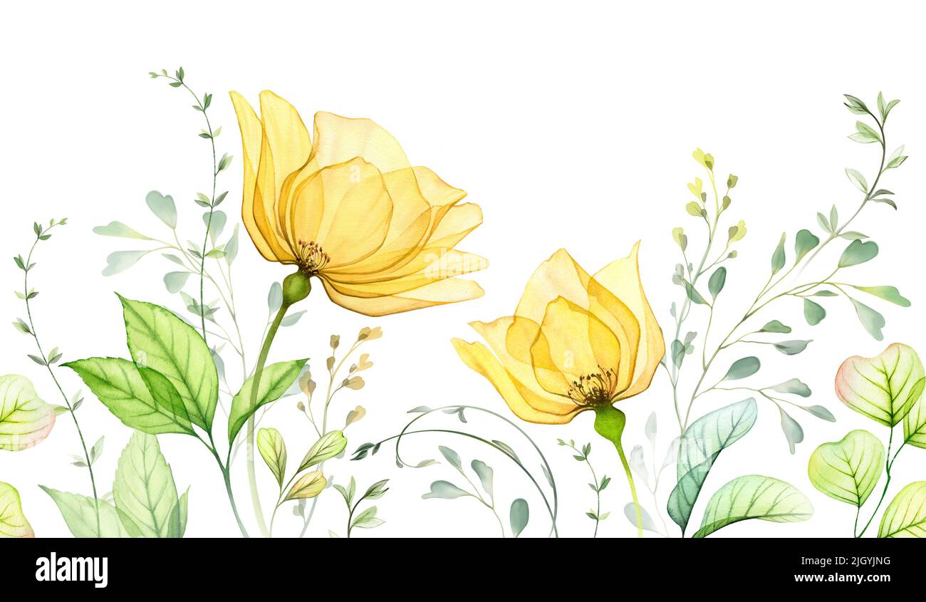 Aquarell Rose nahtlose Grenze. Abstraktes Blumenarrangement aus gelben Blüten, Ästen und Eukalyptusblättern. Transparente handgezeichnete Illustration Stockfoto