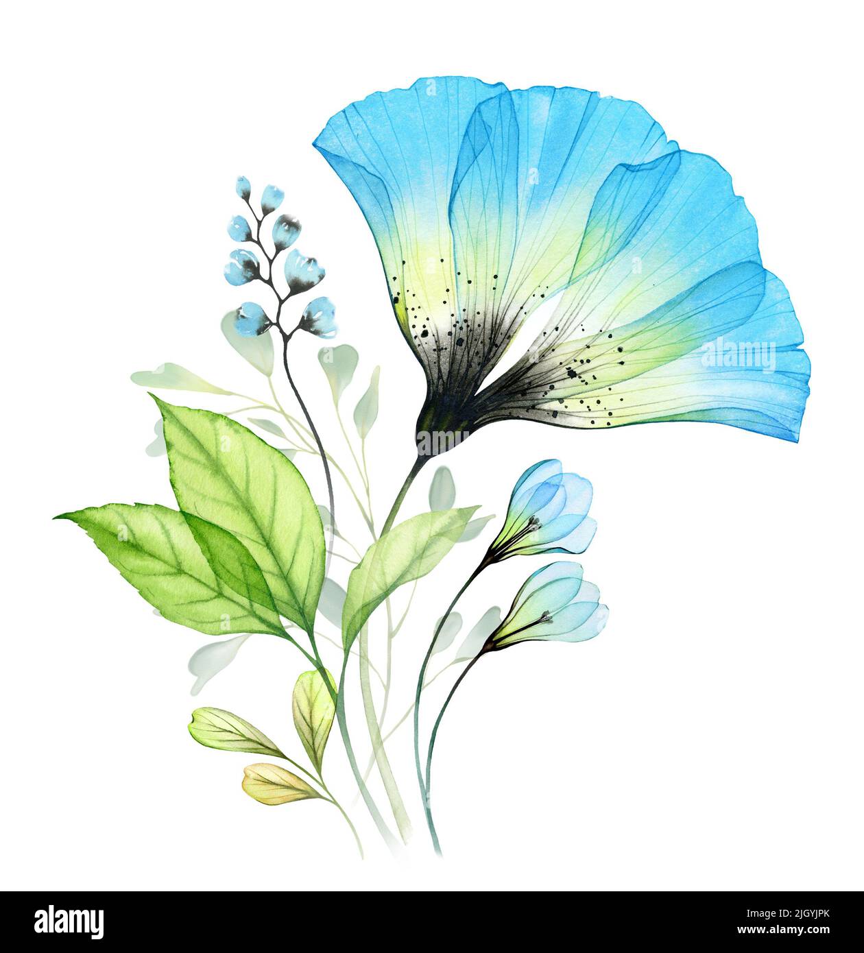 Aquarell-Bouquet mit großer blauer Anemone und Schneeglöckchen. Abstrakte Komposition mit türkisfarbenen transparenten Blüten und grünen Blättern. Handbemalt lebhaft Stockfoto