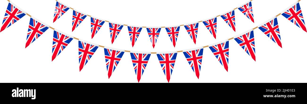 Britische Flagge Girlande. Union Jack Wimpel Kette. Britische Party-Dekoration. Großbritannien Flaggen zum Feiern. Fußzeile und Banner-Hintergrund. Stock Vektor