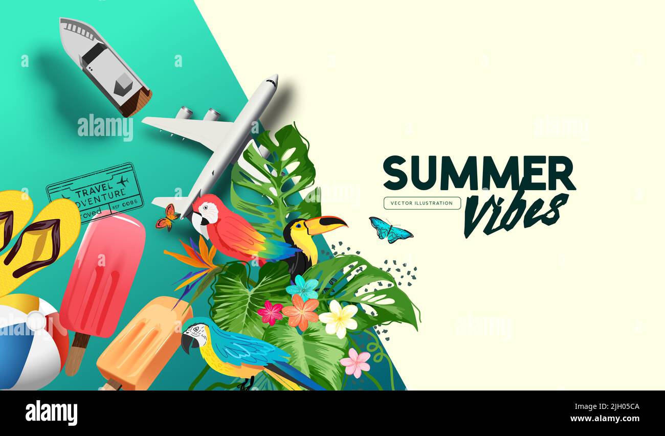 Tropischer Sommerurlaub Pause Hintergrundlayout mit Strand-Accessoires. Vektorgrafik Stock Vektor