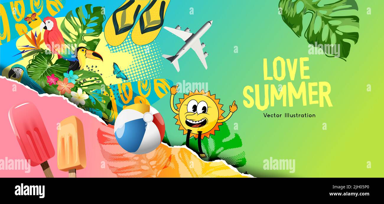 Kreative Sommer Hintergrund Layout Mash up Collage. Vektorgrafik Stock Vektor