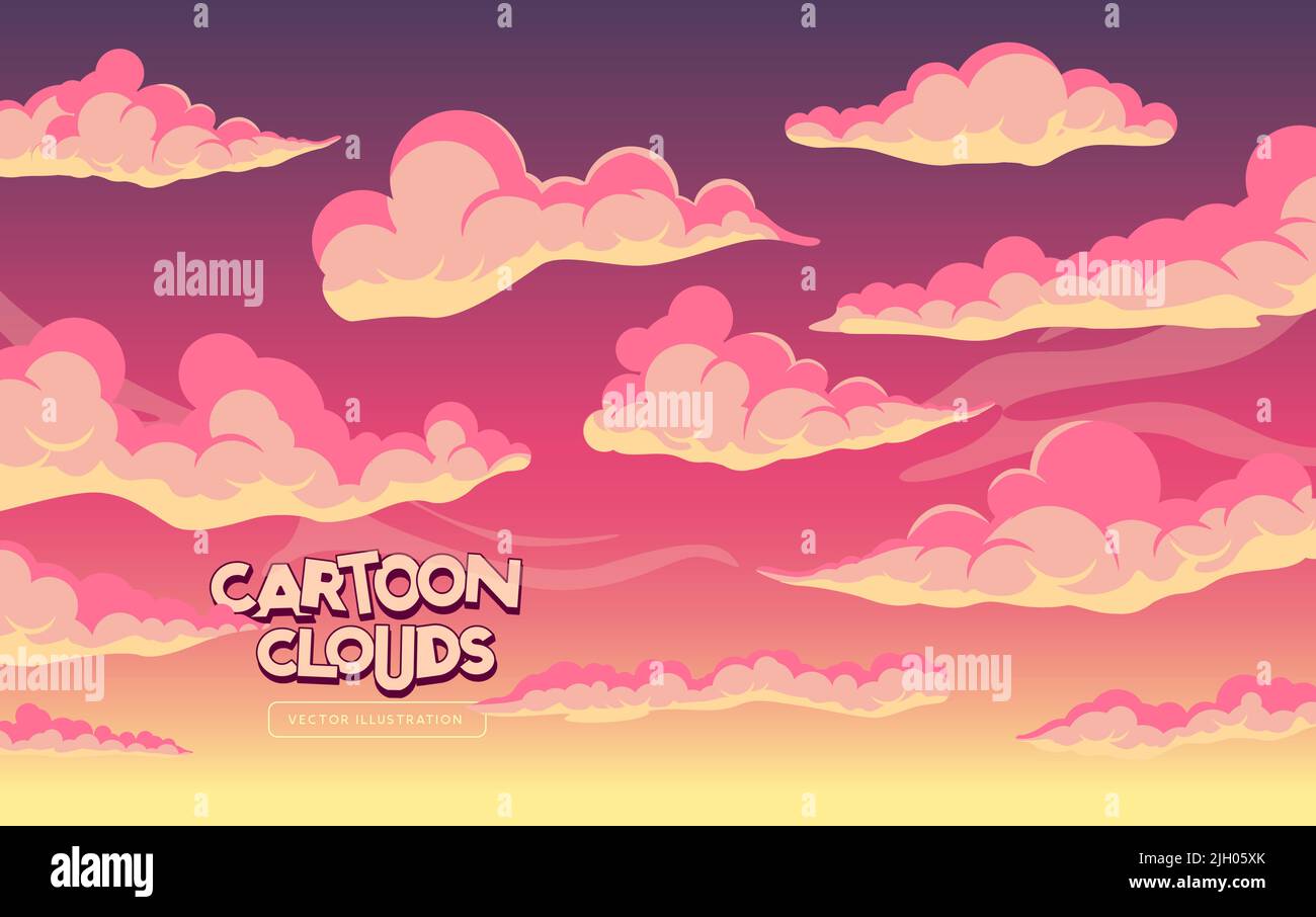 Driftende Sonnenuntergang rosa Cartoon Wolken. Vektorgrafik. Stock Vektor