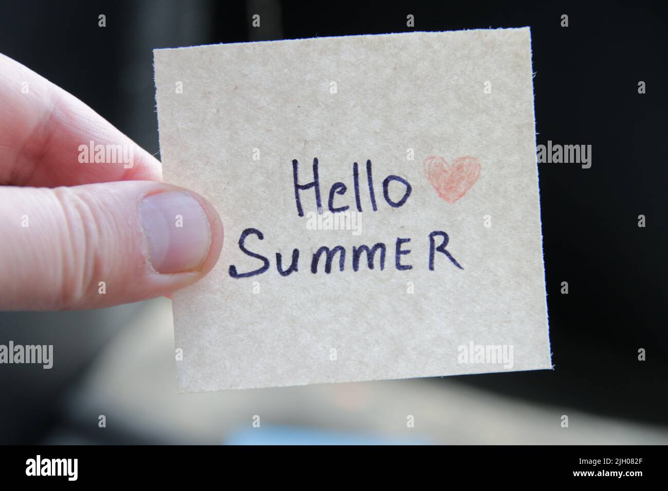 Hallo Sommer. Kreatives Konzept. Hand mit einem Anhänger mit der Aufschrift. Stockfoto