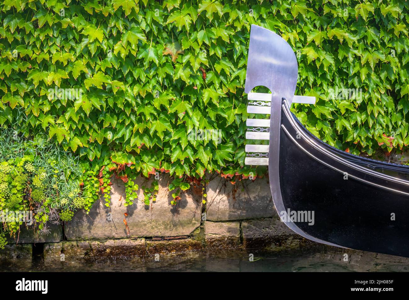 Eine Gondel vor einer grünen Mauer in Venedig, Italien, verankert Stockfoto