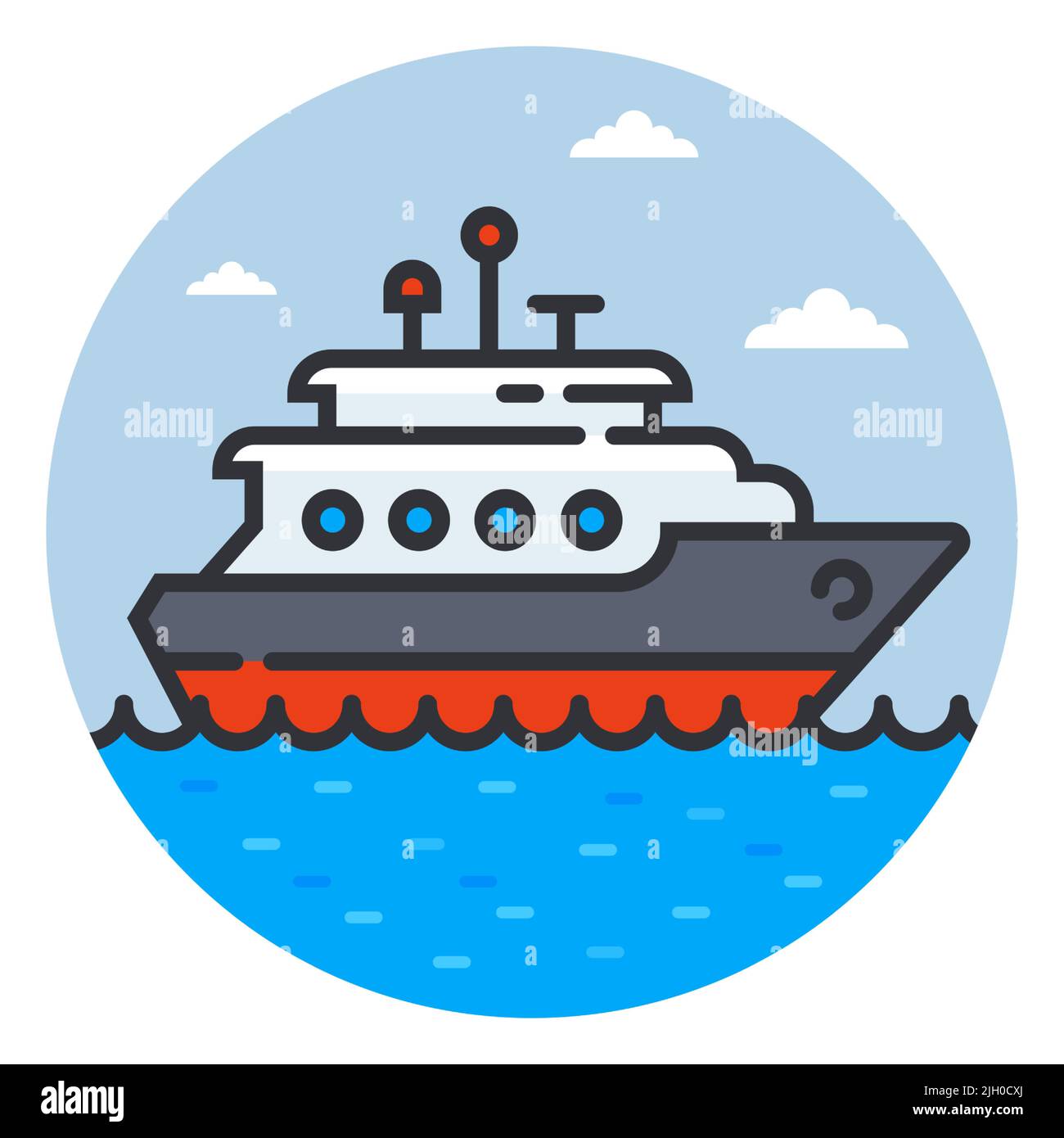 Schiffssymbol auf Wellen. Private Yacht auf See. Flache Vektorgrafik. Stock Vektor