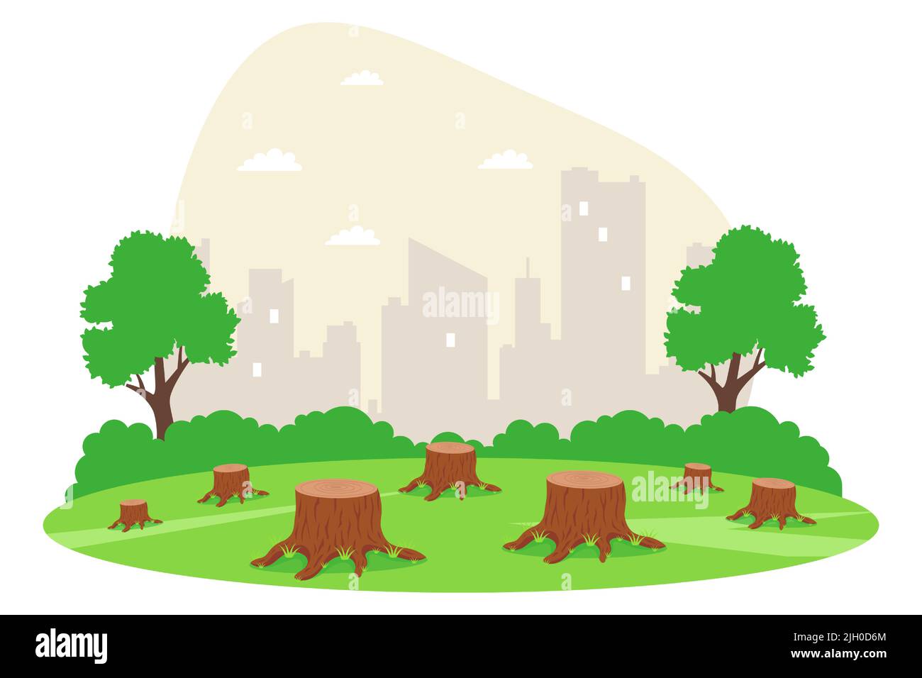 Wiese mit abgeschnittenen Bäumen. Illegaler Holzeinschlag. Flache Vektorgrafik. Stock Vektor