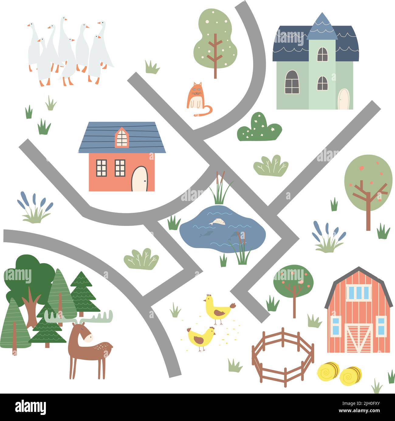 Karte für Kinder, Wandergänse auf einem Bauernhof auf dem Weg durch die Stadt mit Häusern, See, Wald und Rasen. Illustrationen im Kinderzeichnerstil mit sma Stockfoto