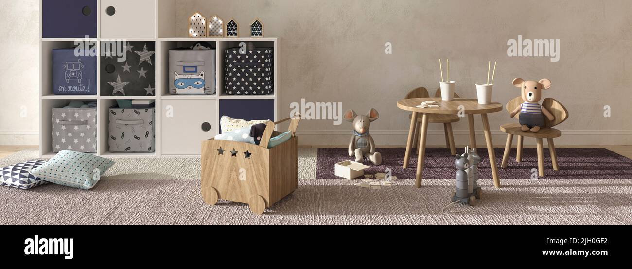 Einrichtung im skandinavischen Stil im Kinderzimmer. Kinder Bauernhaus Stil 3D Rendering Illustration. Webbanner. Stockfoto