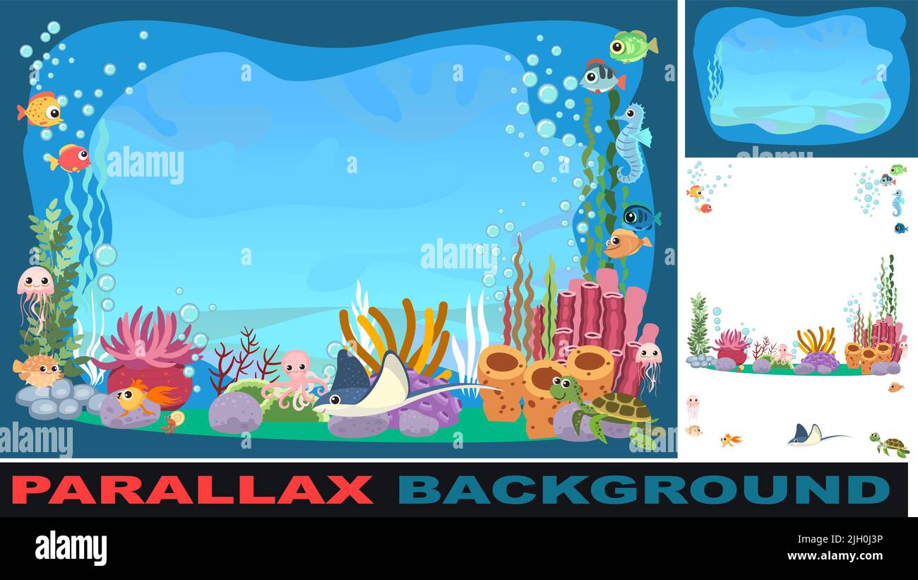 Boden des Reservoirs mit Fisch. Legt den Parallaxeneffekt fest. Blaues Wasser. Meer. Unterwasserlandschaft mit Tieren, Pflanzen, Algen und Korallen. Abbildung Stock Vektor