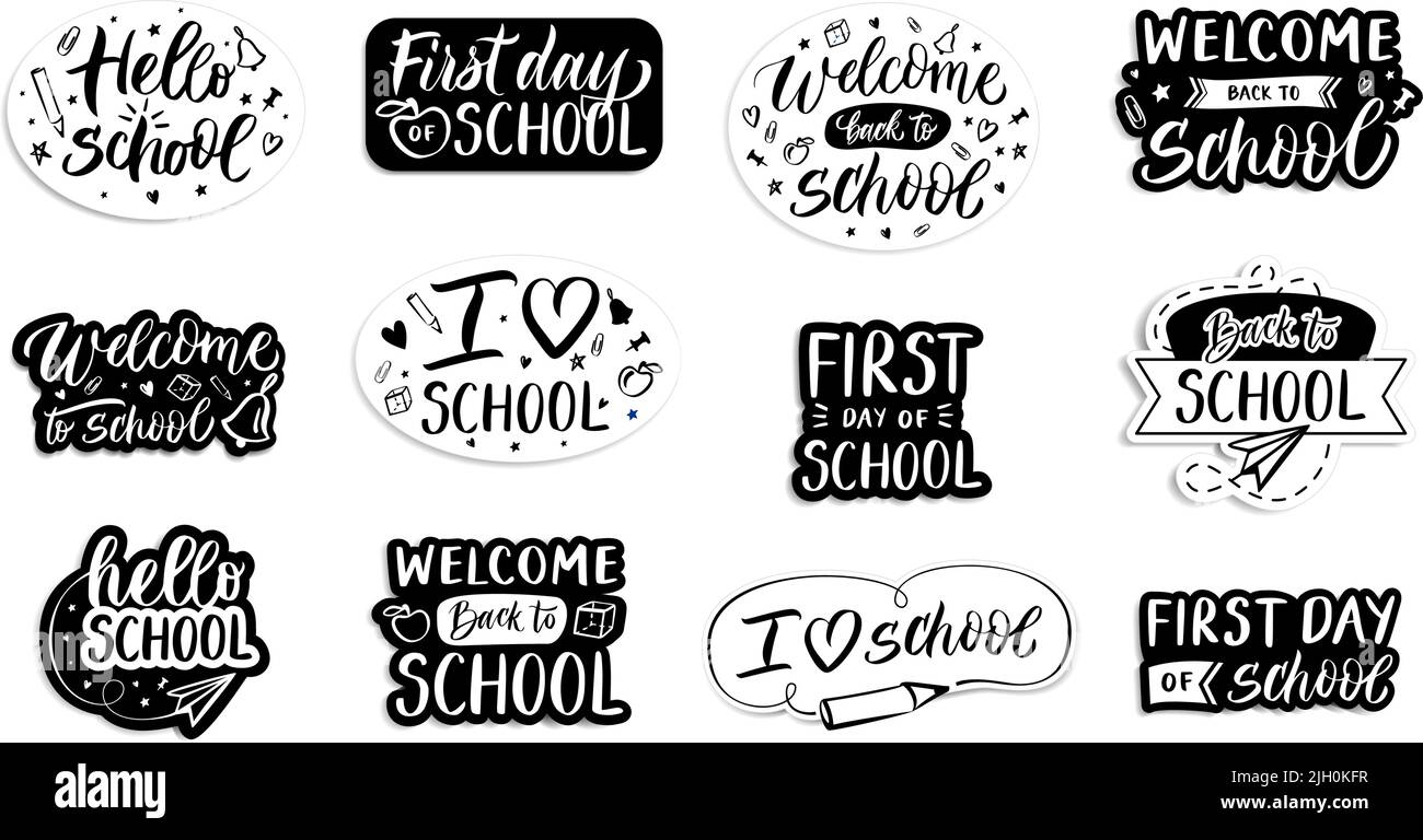 Zurück zur Schule Embleme. Handgeschriebenes Willkommen in der Schule, erster Tag und ich liebe Etiketten. Vektorsatz für Kalligrafie Stock Vektor
