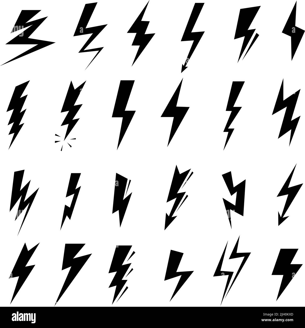 Blitzsymbole. Blitzgeschwindigkeit, Gewittersymbole und Piktogramm-Set mit elektrischen Leistungsvektoren Stock Vektor