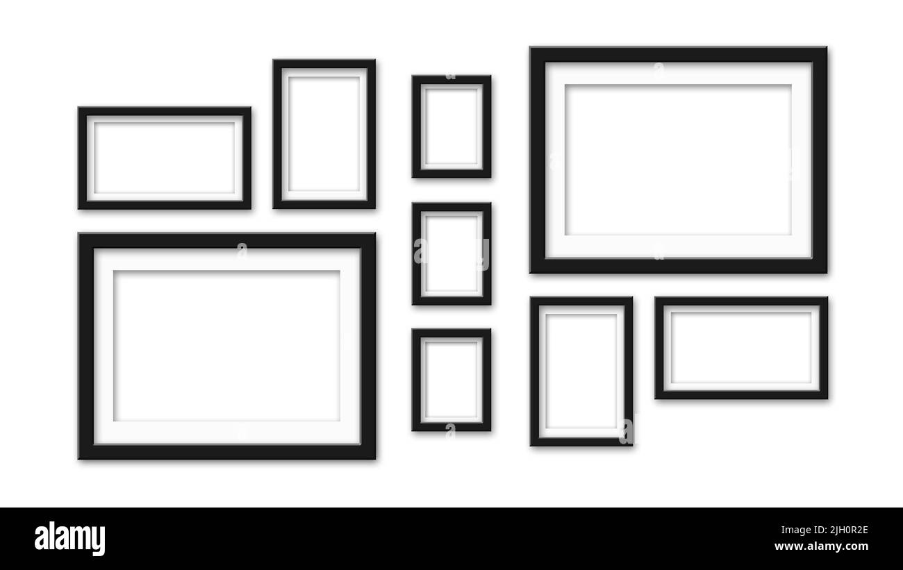 Dunkle Bilderrahmen auf weißem Hintergrund - realistische leere Bilderrahmen unterschiedlicher Größe und Form - Modelle für Galerie, Ausstellungen, Fotoränder Stockfoto