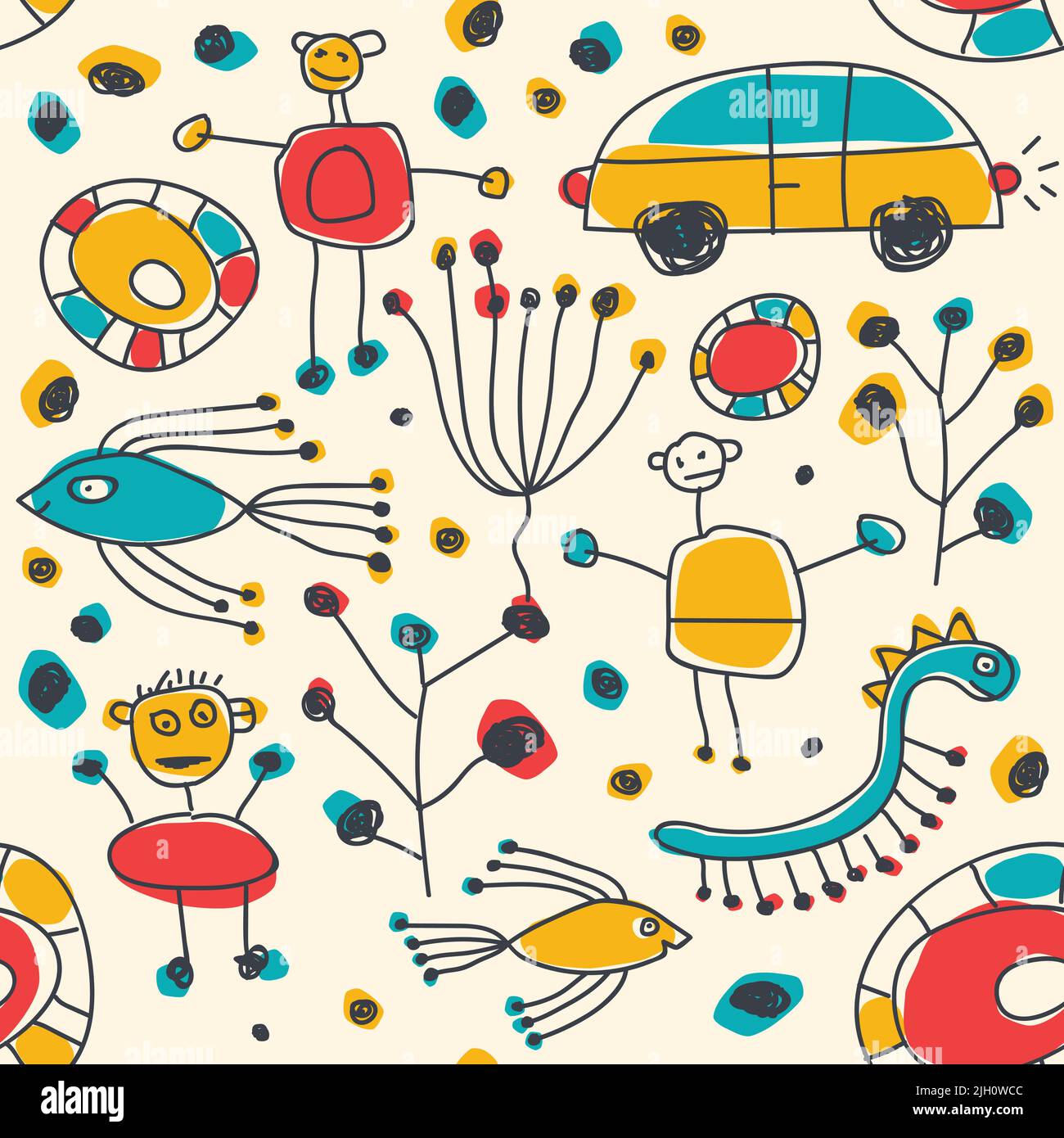 Authentische Kinderzeichnung. Niedlichen Scribble Hintergrund. Nahtloses Wallpaper Design Stock Vektor