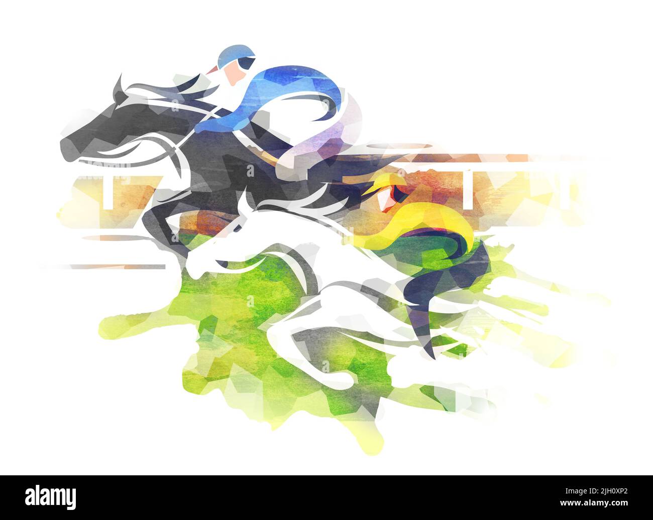 Pferderennen, Wettkampf, Jockeys laufen Action. Eexpressive Illustration von zwei springenden Pferden mit Jockeys bei voller Geschwindigkeit. Imitation von Aquarellen Stockfoto