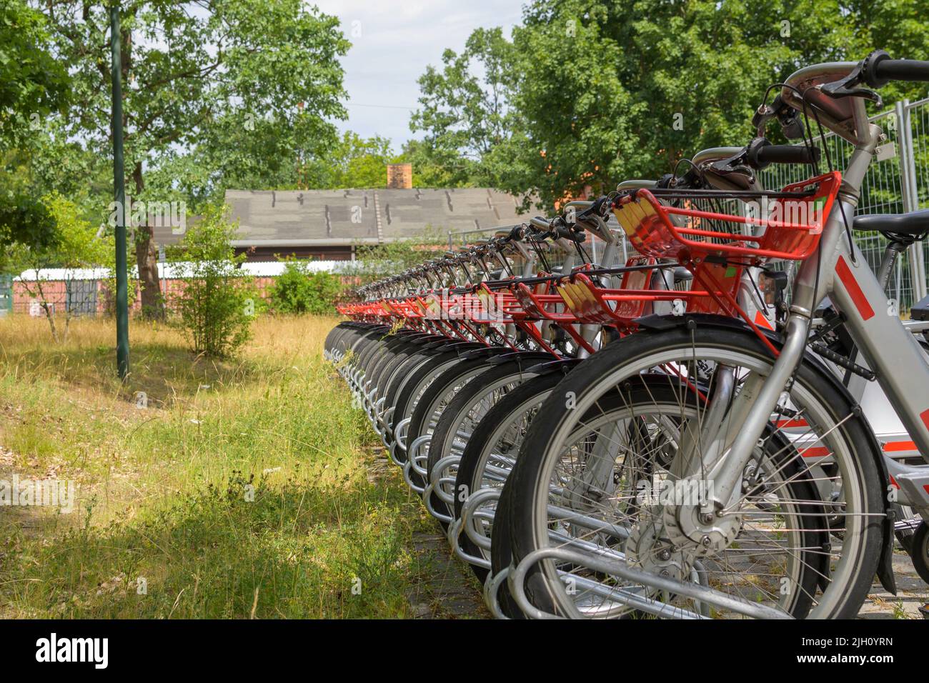 Fahrräder in einer Reihe im Fahrradträger Stockfoto