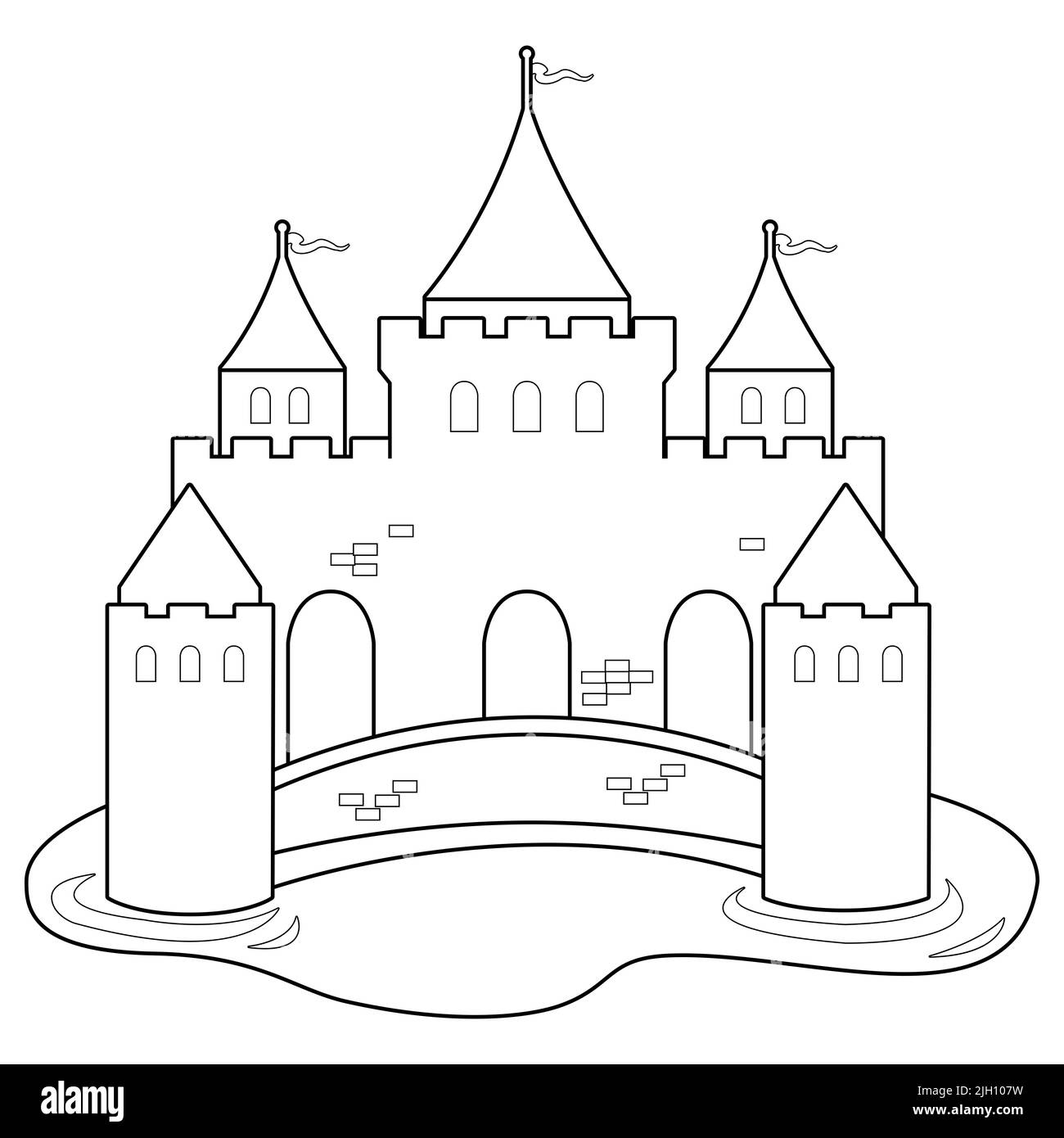 Schönes Märchenschloss. Schwarz-Weiß-Malseite Stockfoto