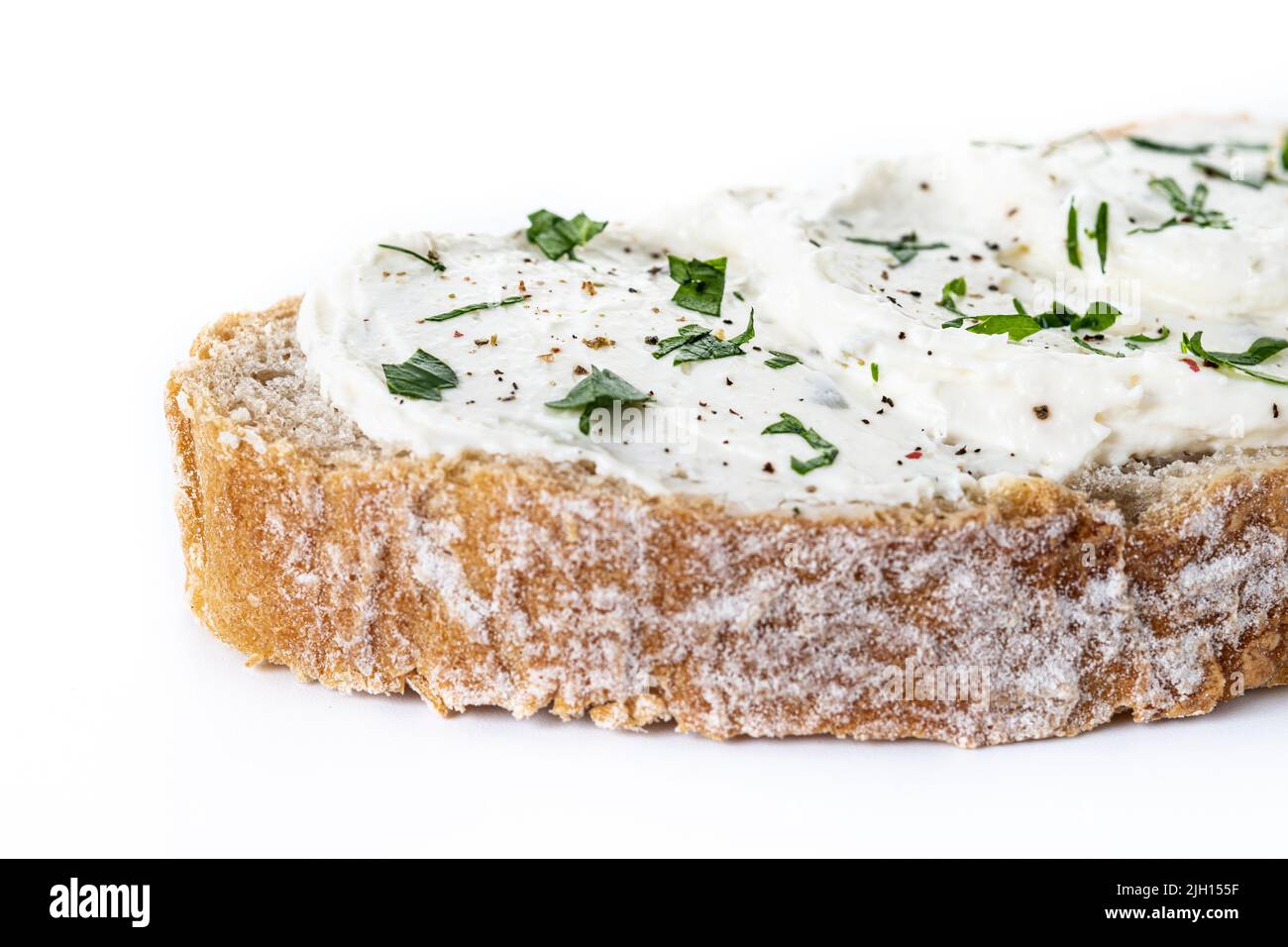 Frischkäse Toast isoliert auf weißem Hintergrund Stockfoto