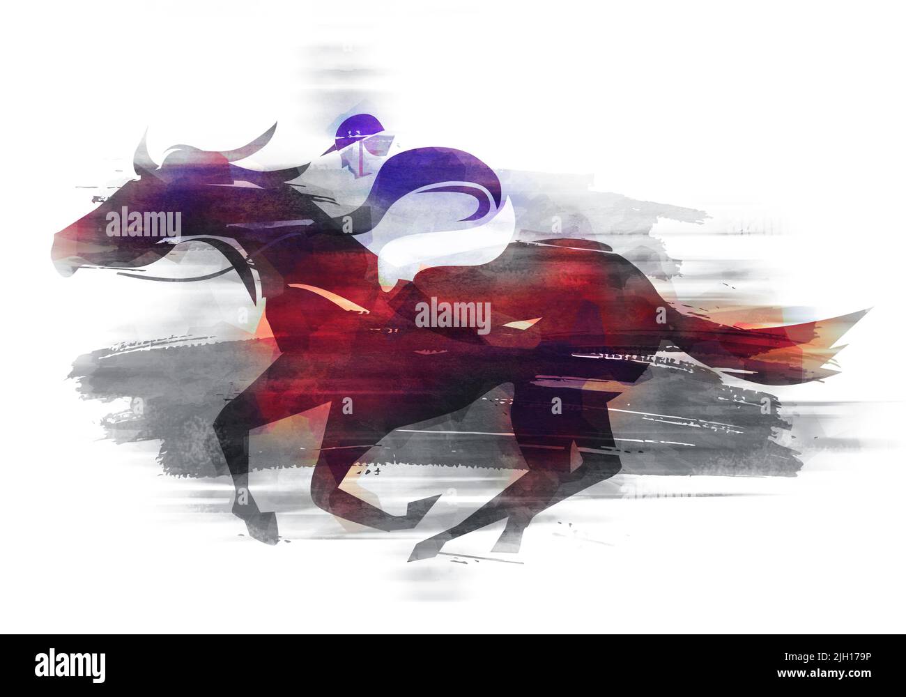 Rennpferd, Jockey laufen Aktion. Ausdrucksstarke Darstellung des Jockeys auf dem Pferd bei voller Geschwindigkeit. Imitation der Aquarellmalerei. Stockfoto