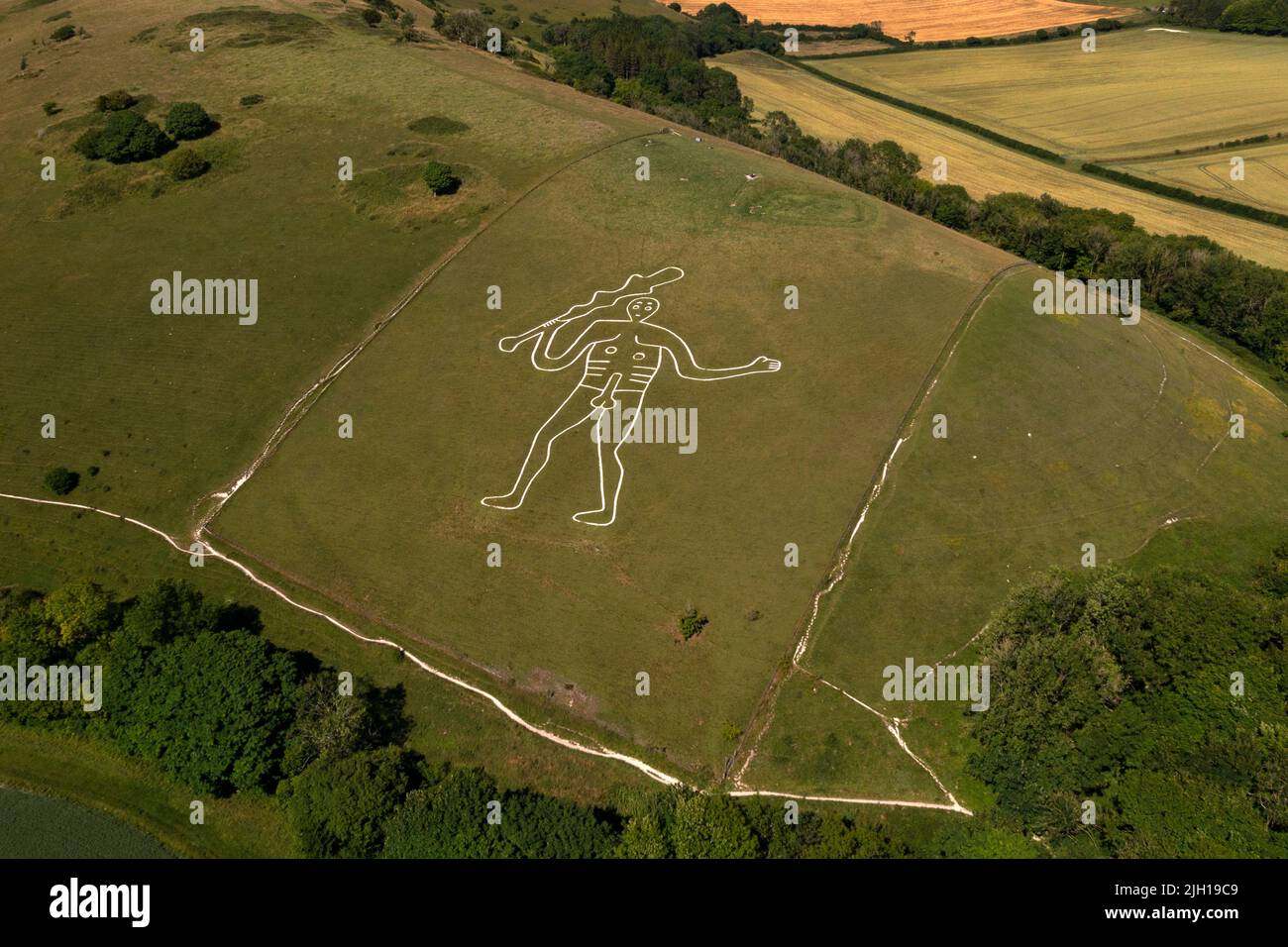 Alte Kreide Riesenfigur auf einem Hügel über dem Dorf Cerne Abbas , Dorset , England Stockfoto