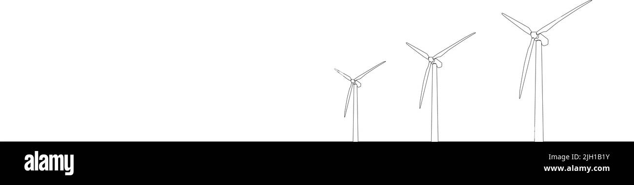 Kontinuierliche Einzellinienzeichnung von Windenergieanlagen, Darstellung von Linienvektoren für erneuerbare Energien Stock Vektor