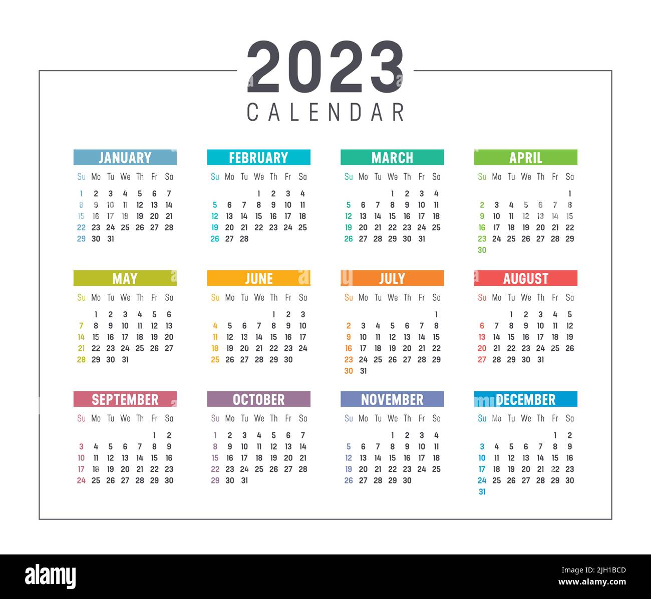Farbenfroher Jahreskalender 2023 auf weißem Hintergrund isoliert. Die Woche beginnt am Sonntag. Vektorvorlage. Stock Vektor