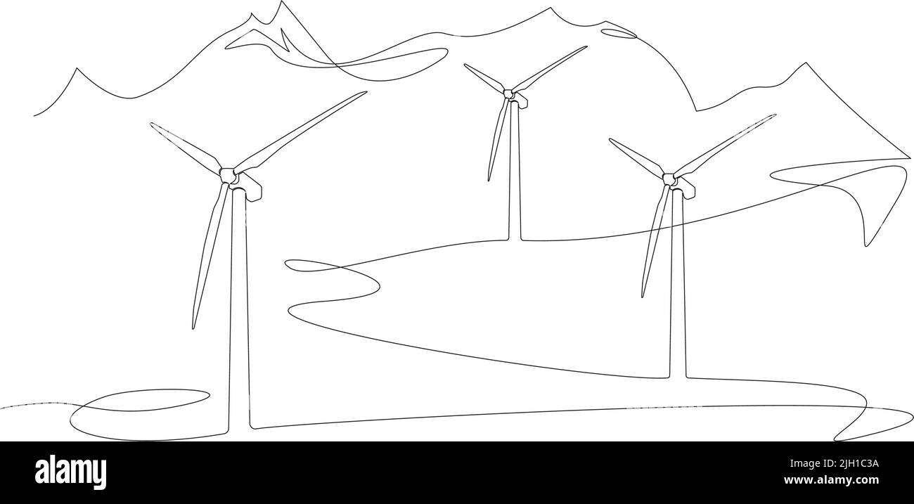 Kontinuierliche Einzellinienzeichnung von Windenergieanlagen in der Berglandschaft, Darstellung von Vektorgrafiken für erneuerbare Energien Stock Vektor