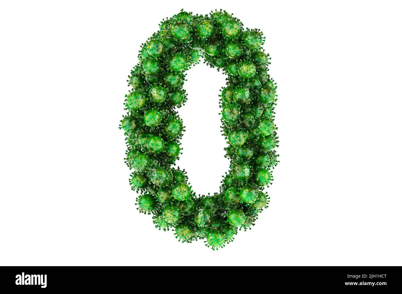 Nummer 0 von grünen Viren. 3D Darstellung isoliert auf weißem Hintergrund Stockfoto