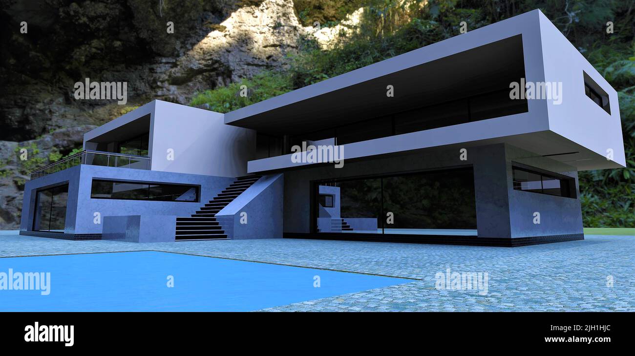 Modernes High-Tech-Gebäude am Fuße der Klippe. Flaches Dach, Terrasse und blauer Wasserpool. 3D Rendern. Stockfoto