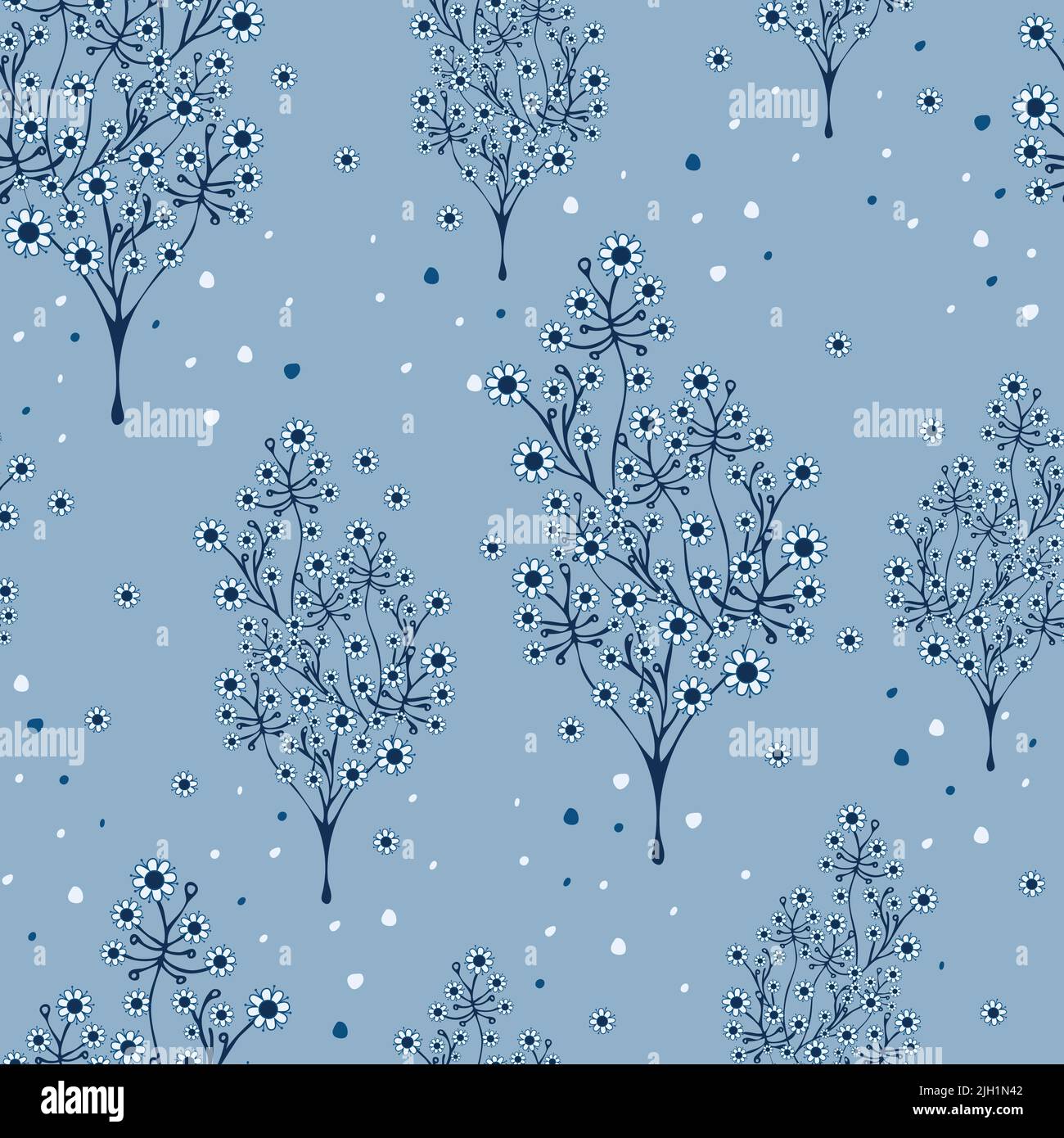 Nahtloses Vektormuster mit blühenden blauen Bäumen. Schöner Waldhintergrund. Wintertapete im Design. Stock Vektor