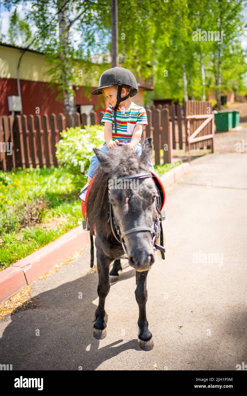 Schöne kleine Mädchen zwei Jahre alt Reiten Pony Pferd in großen Sicherheit Jockey Helm posiert im Freien auf dem Land Stockfoto
