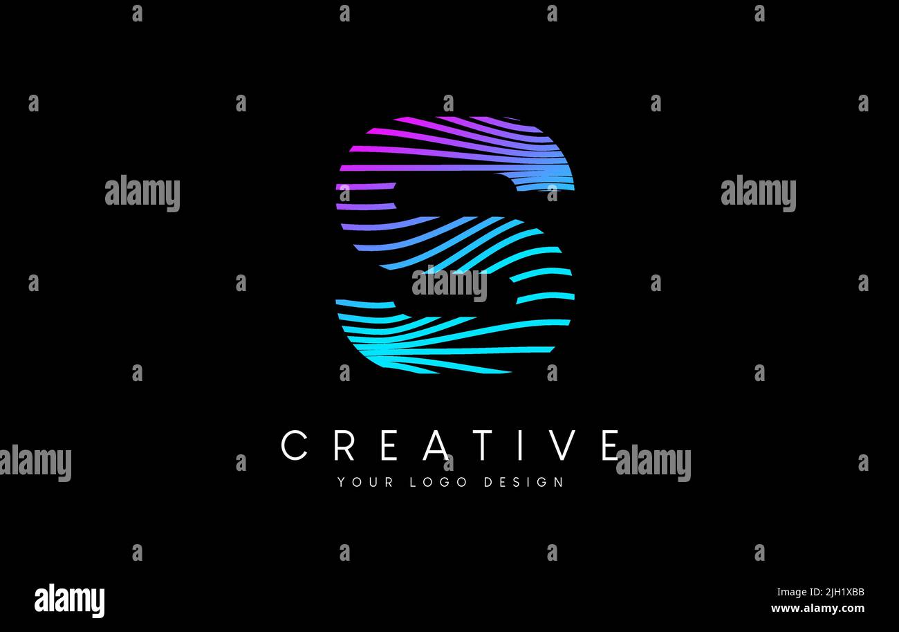 Verkrümmtes Zebra Lines Letter S Logo Design mit neonvioletten Linien und kreativem Symbolvektor. Relieflinien Buchstabe Logo Illustration. Stock Vektor
