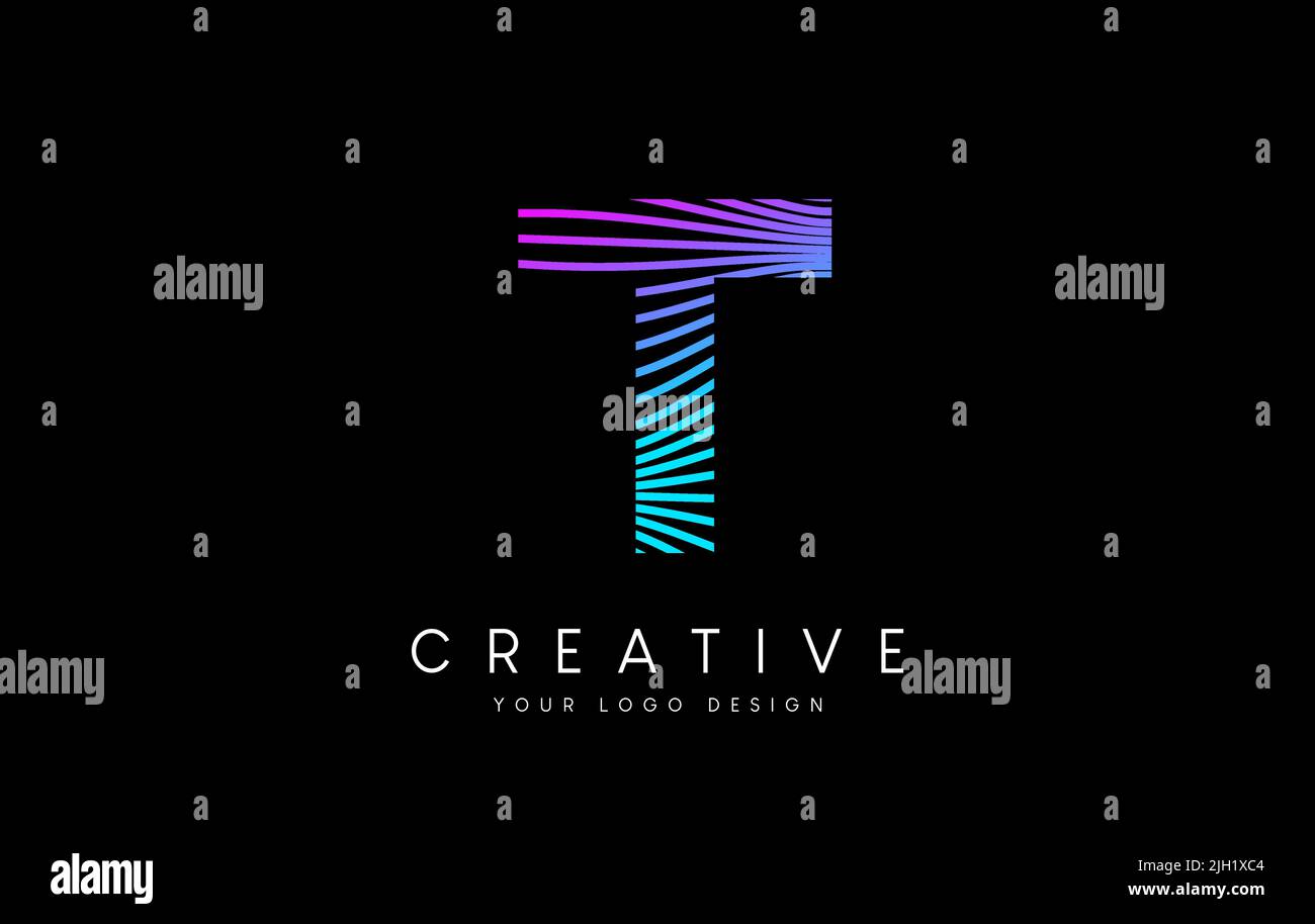 Verkrümmtes Zebra Lines T-Logo mit neonvioletten Linien und kreativem Symbolvektor. Relieflinien Buchstabe Logo Illustration. Stock Vektor