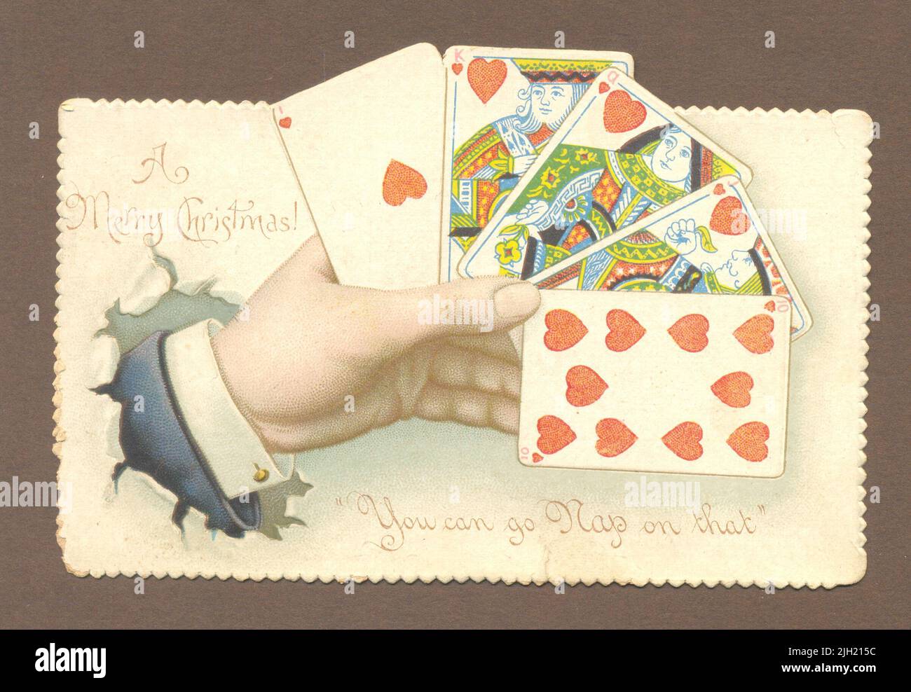 Chromolithographierte gestanzte, stanzende Weihnachtskarte, die eine Hand von Spielkarten um 1898 zeigt Stockfoto