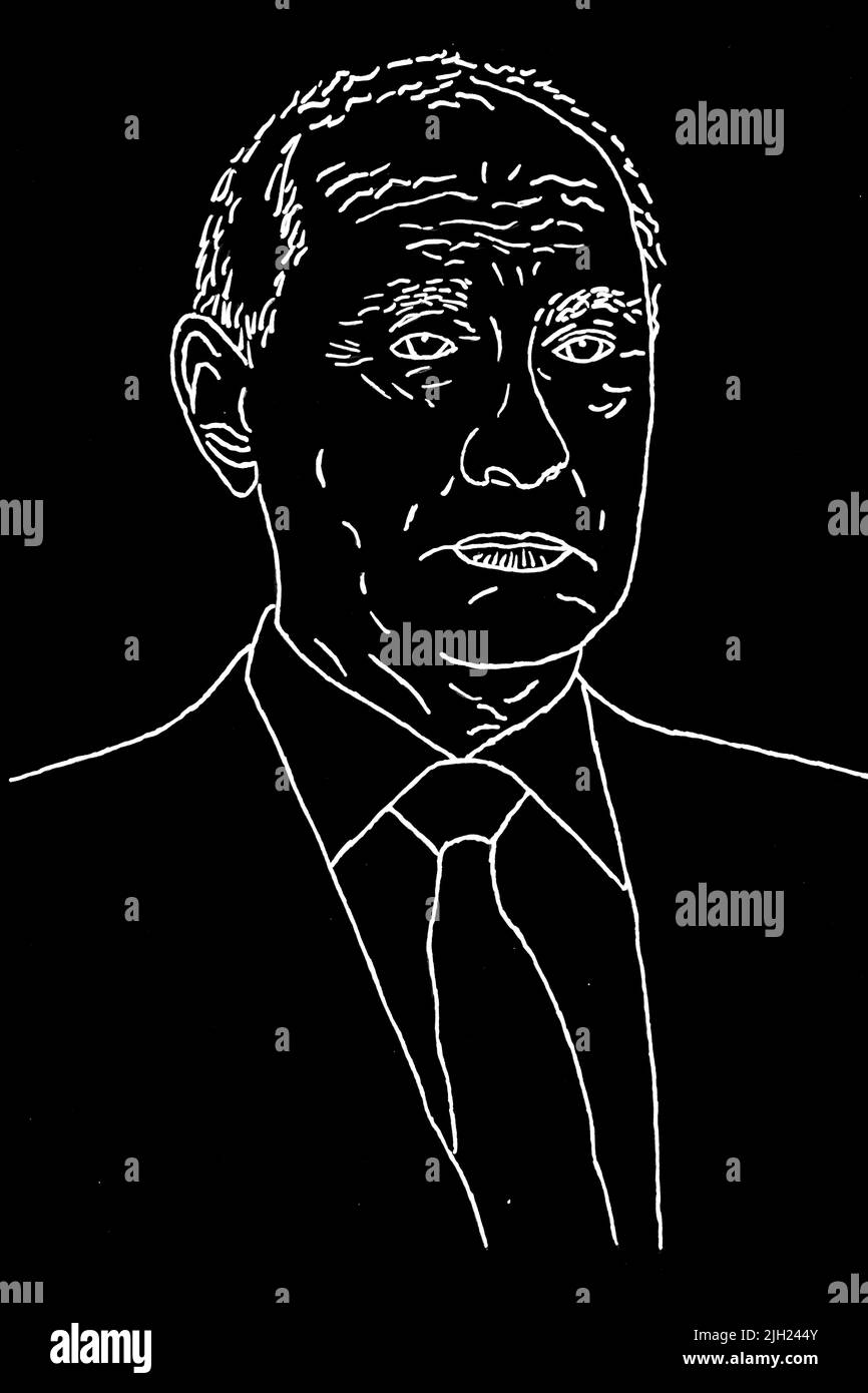 Porträt des Präsidenten der Russischen Föderation Wladimir Putin. Zeichnung von Martin Bertrand. Frankreich. Stockfoto