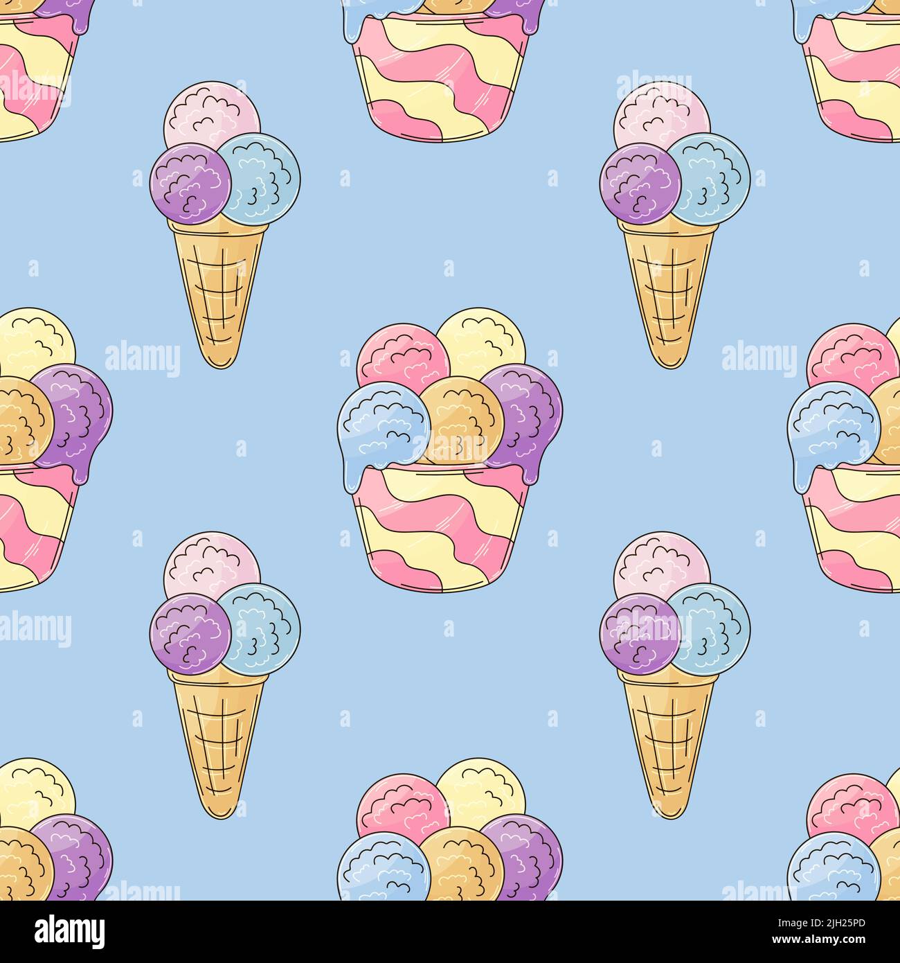 Eiscreme mit nahtlosem Muster. Bunte Eisbällchen. Niedliches Sommermuster. Druck für Stoffdesign, Textil, Stoff, Tapete Stock Vektor
